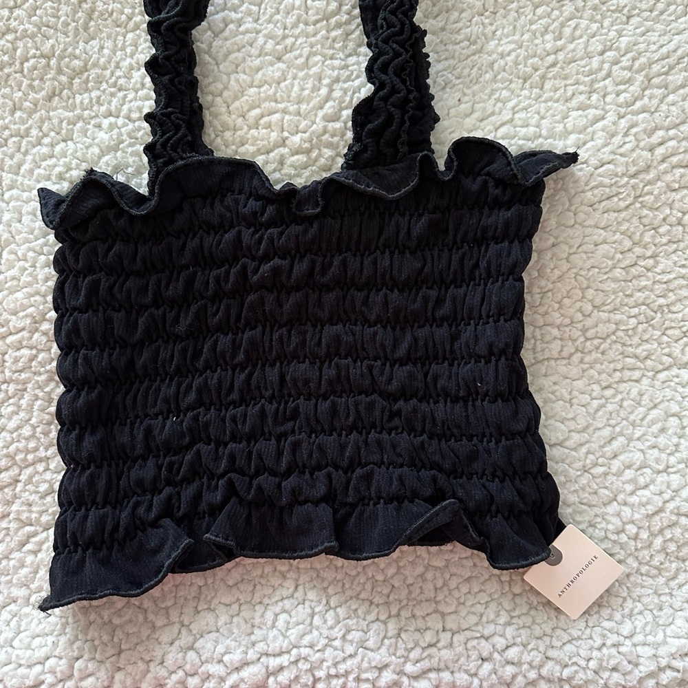 Anthropologie Black Smocked Ruffle Strap Top size s/m